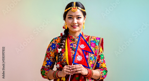 Smiling Nepali Woman in Traditional Dress Holds Nepal Flag  on Empty Gradient Background 