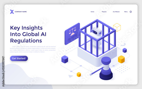 Robot closed in cell for cybercrimes on white background. Key Insights into Global AI Regulation landing page isometric template. Legislation creative 3d vector illustration for web page