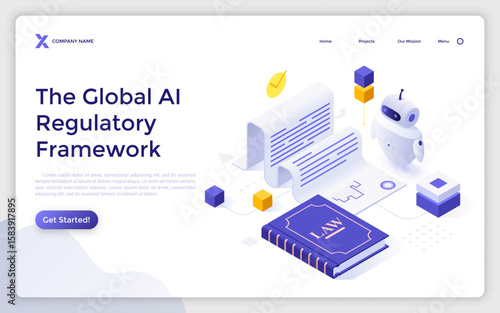 Law book and robot checking formal documents on white background. Global AI regulatory framework landing page isometric template. Legislation online creative 3d vector illustration for web page