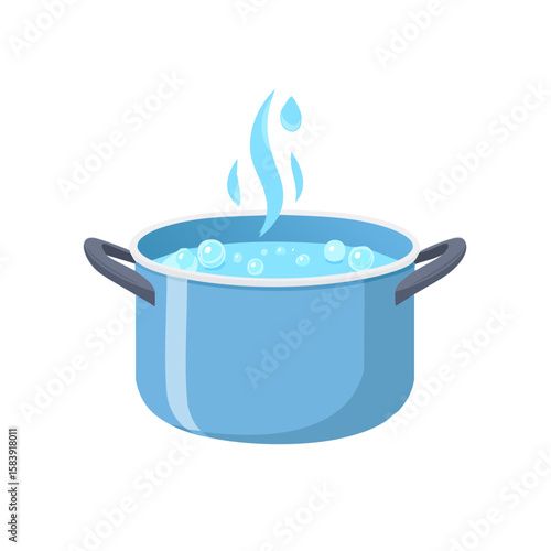 Boiling water in a blue pot, steam rises, bubbles visible