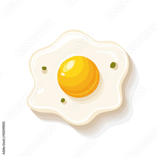 Delicious fried egg isolated with a yellow yolk and white egg whites, perfect for breakfast or a quick meal. The egg sits on a flat plane with a shadow and few green spices