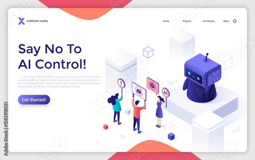 Protestors group showing banners to robot on white background. Protesting against AI landing page isometric template. People against modern technology creative 3d vector illustration for web page