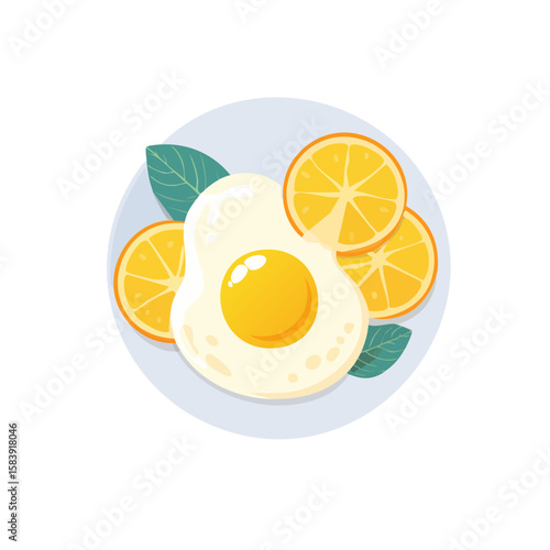 A sunny-side-up egg and orange slices artfully arranged on a plate, representing a cheerful and appetizing breakfast setting.