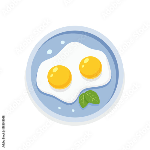 Delicious, sunny-side-up eggs on a blue plate with basil leaves. Perfect for breakfast!