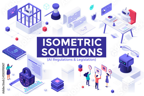Vector illustration showcasing AI regulations through isometric design. Depicts legal elements like scales, contracts, and technology, with individuals analyzing data and regulations.