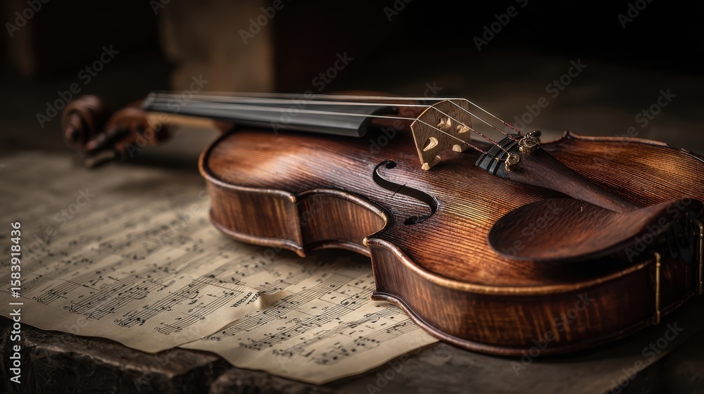 Fototapeta premium The violin resting on musical sheet, capturing timeless elegance and artistry.
