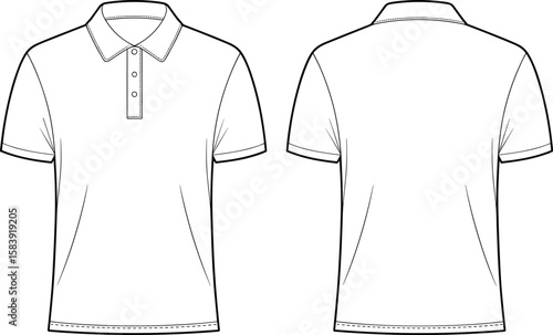 Men’s polo shirt flat sketch, short sleeve t-shirt with collar and button placket, fashion technical drawing front and back vector template