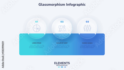 Vector illustration. Infographic template with three step glassmorphism circles and text boxes. Glass user interface for presentation or report.