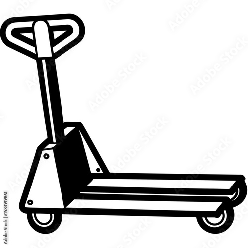 Hand pallet jack with wheels for transporting goods in warehouse  