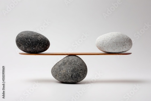 Two stones balanced on a wooden seesaw