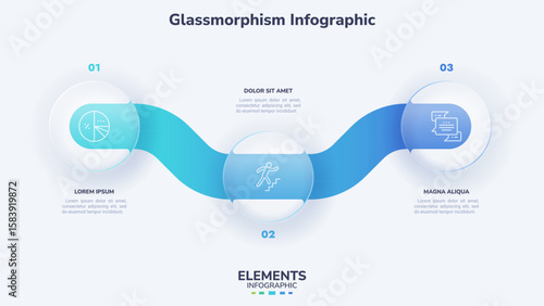 Vector illustration. Glassmorphism infographic vector template with three circle elements and wavy flow connecting them for business presentation
