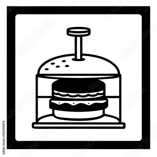 Burger press with meat patty and toppings inside a transparent container  