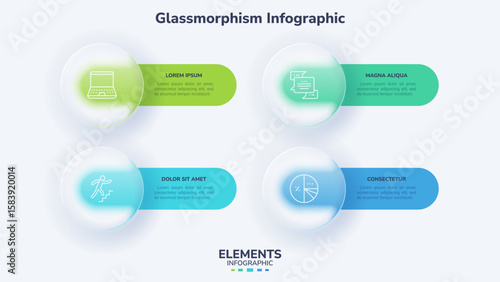 Vector illustration. Glassmorphism infographic template shows four steps. Circular elements with green and blue translucent blur effect. Data visualization.