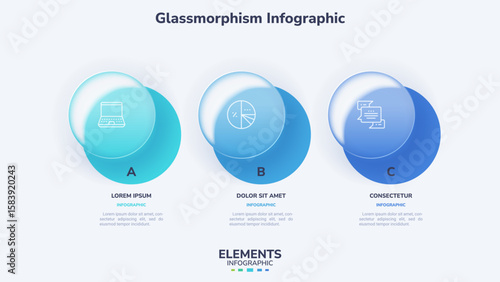 Vector illustration. Glassmorphism infographic with three circles and icons. Minimal liquid glass effect. Template for presentation slide.