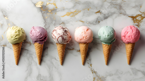 A vibrant row of six colorful ice cream cones arranged neatly on a luxurious gold-veined marble surface.