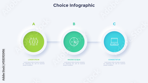 Three circular elements placed in horizontal row. Concept of 3 steps to startup project launch. Neumorphic infographic design template. Modern flat vector illustration for business presentation.