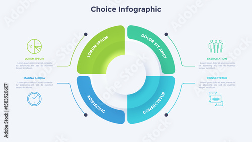 Ring-like chart divided into 4 elements. Concept of four steps of manufacturing cycle. Neumorphic infographic design template. Modern vector illustration for cyclic business process visualization.