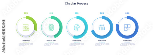 Five round paper white elements with pie charts, linear icons and text boxes. Concept of 5 steps to business growth. Infographic design template. Vector illustration.