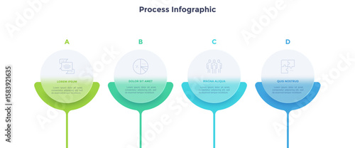 Process chart with 4 rounded elements behind translucent circles placed in horizontal row. Concept of transparent business chain. Minimal infographic design template. Modern flat vector illustration.