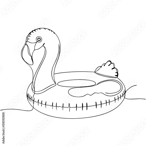 Flamingo inflatable swimming ring continuous one line drawing. Flamingo float pool toy. Summer concept. Vector illustration for travel poster, banner, sticker