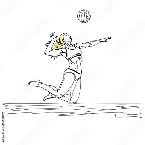 Woman playing volleyball in a continuous line art style. Beach sport activity. Summer recreation concept. Vector illustration for greeting card, banner, poster