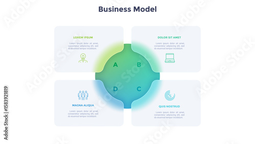 SWOT chart with four rectangles covered by translucent circle. Concept of threats, weaknesses, strengths, opportunities of company. Simple infographic design template. Modern flat vector illustration.