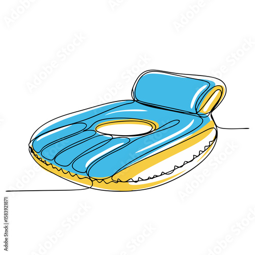 Blue inflatable mattress with headrest drawn in one continuous line. Summer vacation and relaxation concept. Vector illustration for greeting card, banner, poster, sticker, icon