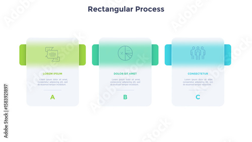 Progress bar with 3 frames behind translucent rectangular elements placed in horizontal row. Concept of three steps to business success. Minimal infographic design template. Flat vector illustration.