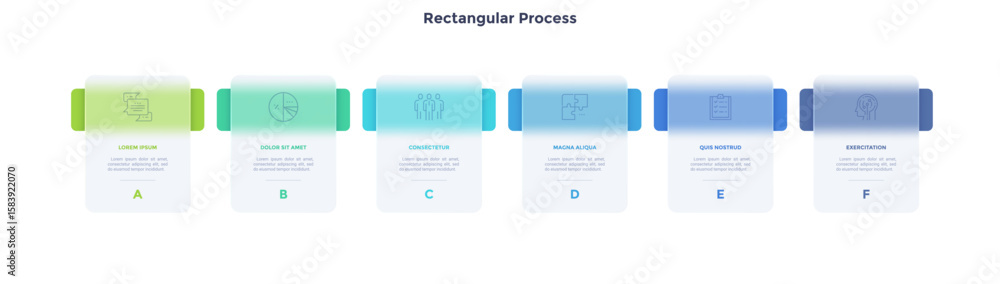 Fototapeta premium Progress bar with 6 frames behind translucent rectangular elements placed in horizontal row. Concept of six steps to business success. Minimal infographic design template. Flat vector illustration.