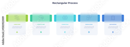 Progress bar with 5 frames behind translucent rectangular elements placed in horizontal row. Concept of five steps to business success. Minimal infographic design template. Flat vector illustration.