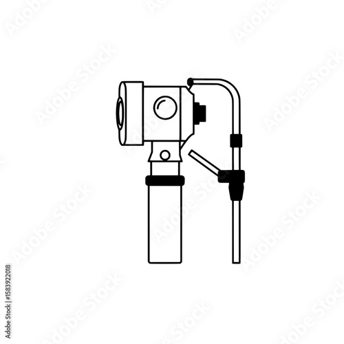 Medical Otoscope Icon: An isolated detailed black and white line-art illustration showcases a medical otoscope, a crucial tool in healthcare for examining the inner ear.