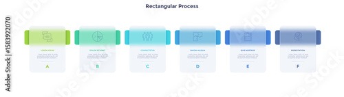 Progress bar with 6 frames behind translucent rectangular elements placed in horizontal row. Concept of six steps to business success. Minimal infographic design template. Flat vector illustration.
