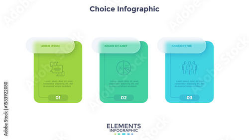 Timeline with 3 cards placed in horizontal row. Concept of three stages of business project development. Minimal infographic design template. Modern flat vector illustration for presentation.