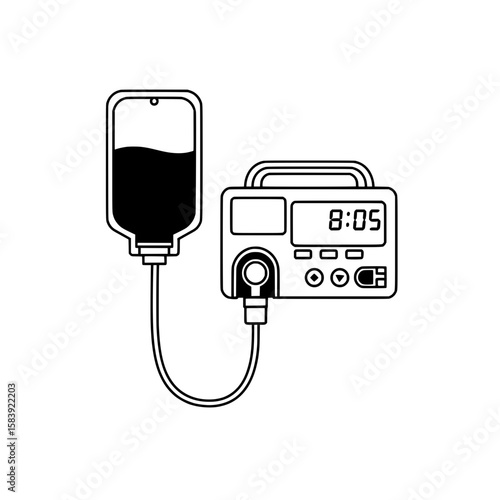 IV Drip Infusion: A detailed depiction of an intravenous (IV) drip setup, showcasing a bag of fluid connected to a medical infusion pump.