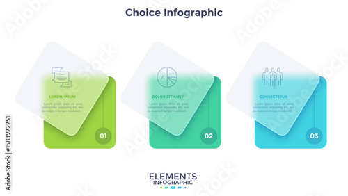 Timeline with 3 cards placed in horizontal row. Concept of three stages of business project development. Minimal infographic design template. Modern flat vector illustration for presentation.