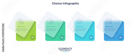 Timeline with 4 cards placed in horizontal row. Concept of four stages of business project development. Minimal infographic design template. Modern flat vector illustration for presentation.