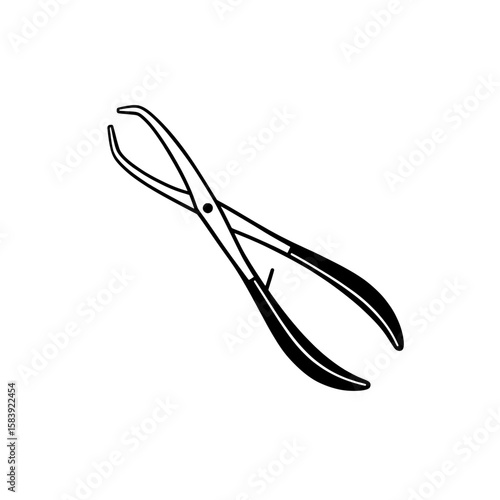 Dental Tool Illustration: A stark, isolated illustration of dental forceps, meticulously rendered with a focus on precision and detail, presenting the essence of surgical instruments.