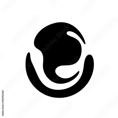Abstract Globe Graphic: A minimalist design of a stylized globe icon, rendered in a sleek black on a clear background. 