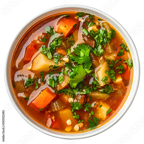 A delicious bowl of vegetable soup garnished with fresh parsley on a white background