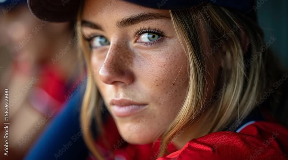 Intense portrait of a young woman with piercing eyes, wearing a cap and team jersey. Intense portrait of a young woman with piercing eyes, wearing a cap and team jersey.