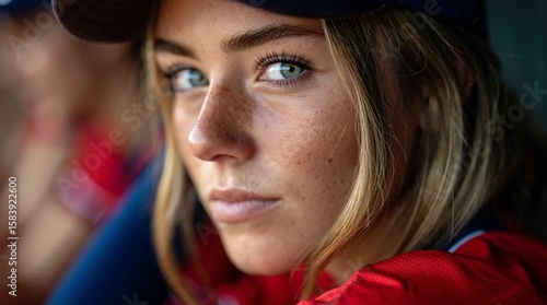 Intense portrait of a young woman with piercing eyes, wearing a cap and team jersey.
