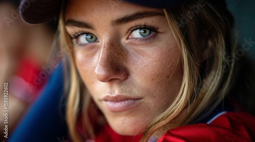 Intense portrait of a young woman with piercing eyes, wearing a cap and team jersey.