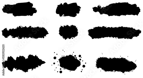 Ink Blot Set: A collection of nine distinct ink blot designs, each with its own unique shape and texture. Capturing a variety of styles, from bold strokes to subtle splatters.