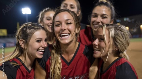 Celebrating Victory: Team huddled together with big smiles after a game win.