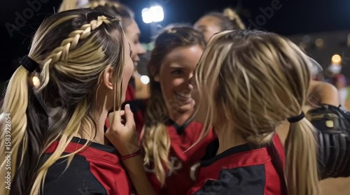 Celebrating Victory: Team huddled together with big smiles after a game win.