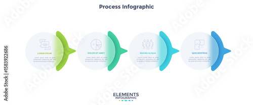 Process chart with 4 rounded elements behind translucent circles placed in horizontal row. Concept of transparent business chain. Minimal infographic design template. Modern flat vector illustration.