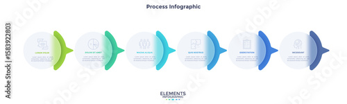 Process chart with 6 rounded elements behind translucent circles placed in horizontal row. Concept of transparent business chain. Minimal infographic design template. Modern flat vector illustration.