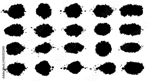 Ink Blot Collection: A collection of abstract ink blot shapes, each with unique forms, textures, and patterns, creating a versatile visual element for graphic designs. 