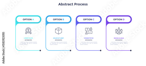Four paper white rectangular elements placed in horizontal row. Concept of 4 steps of business development process. Simple infographic design template. Modern linear vector illustration for report.