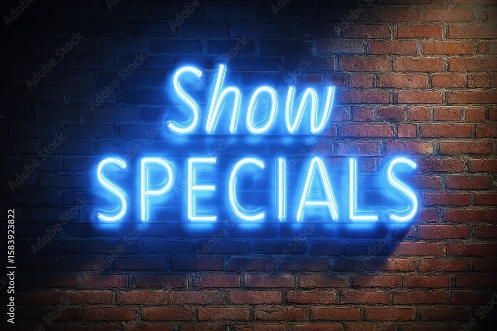 Obraz premium Show Specials: Bright Neon Sign Illuminating a Blue Brick Wall at Night